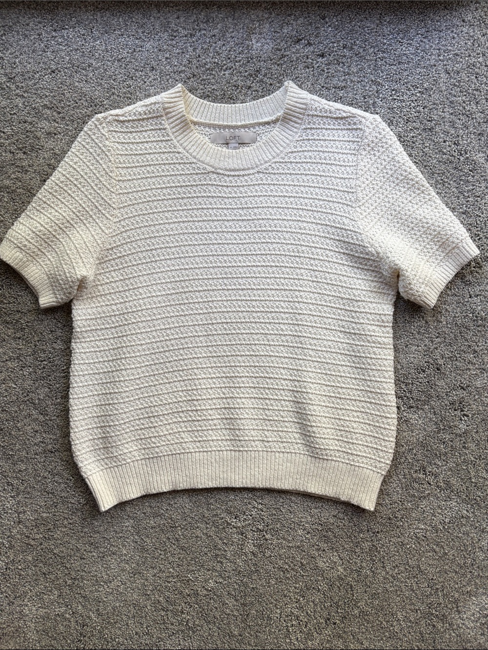 LOFT Cream Textured Short-Sleeve Crew Sweater